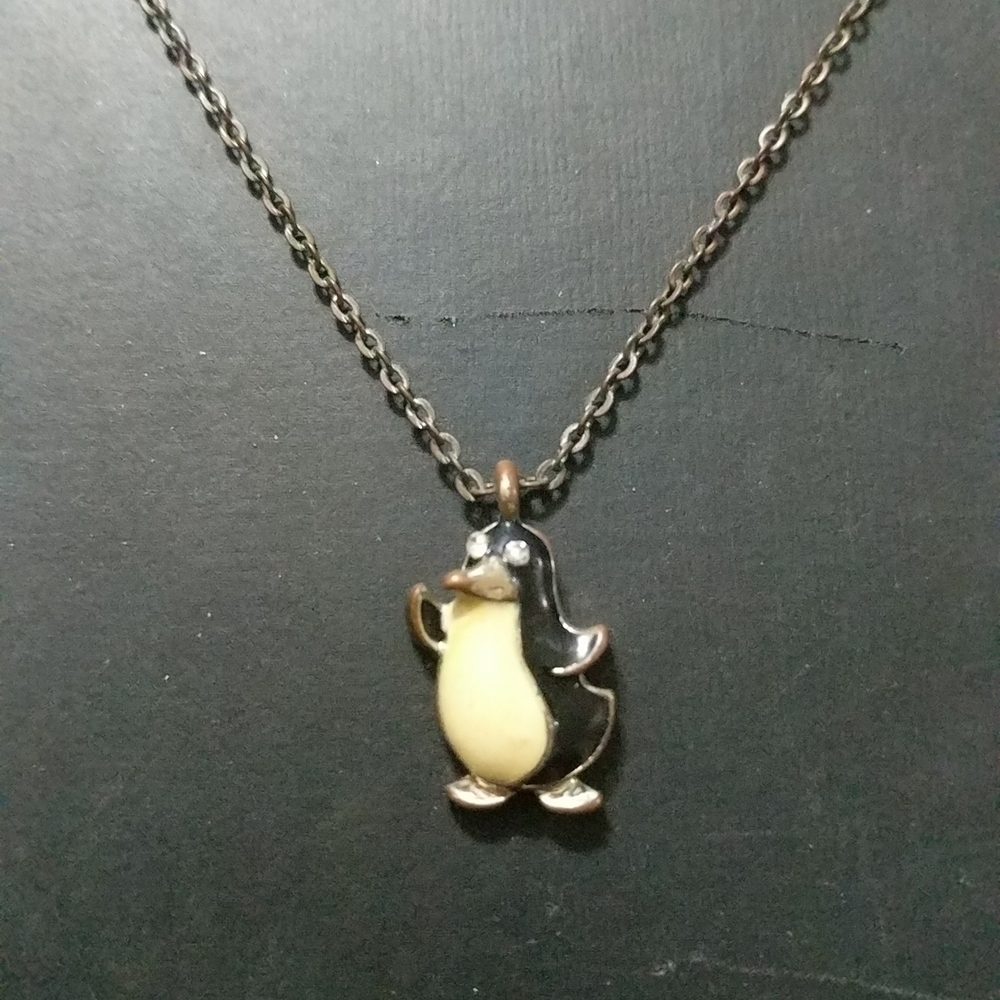 Gold Tone Penguin with Rhinestone Eyes Pendant Statement Necklace